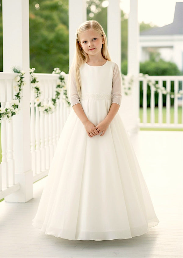 Aurelia — Elegant Sheer Sleeve Communion Dress in Ivory