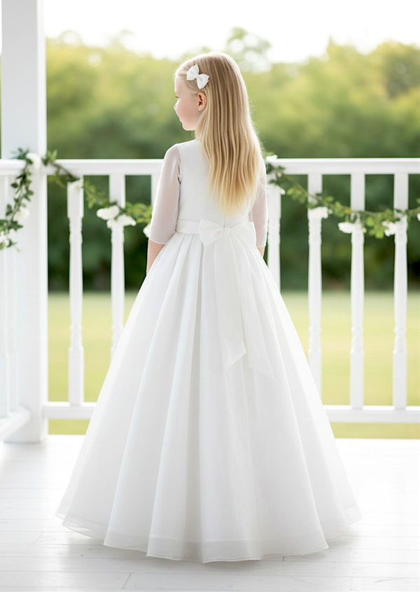 White Sheer Sleeve Communion Dress for Girls | Elegant Gown