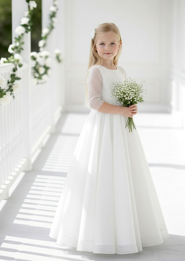 White Sheer Sleeve Communion Dress for Girls | Elegant Gown