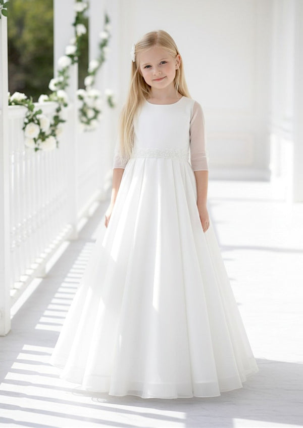 White Sheer Sleeve Communion Dress for Girls | Elegant Gown