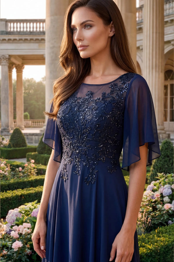 Illusion Neckline Chiffon Gown – Beaded Lace Mother of Bride Dress