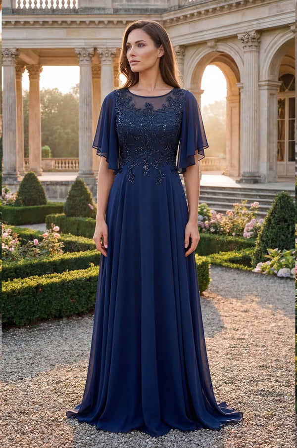 Illusion Neckline Chiffon Gown – Beaded Lace Mother of Bride Dress