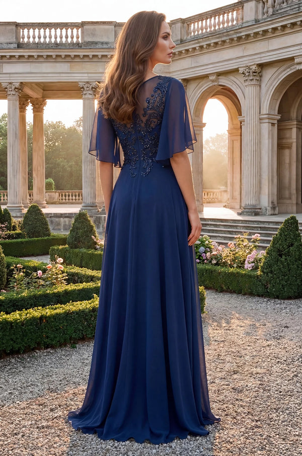 Illusion Neckline Chiffon Gown – Beaded Lace Mother of Bride Dress