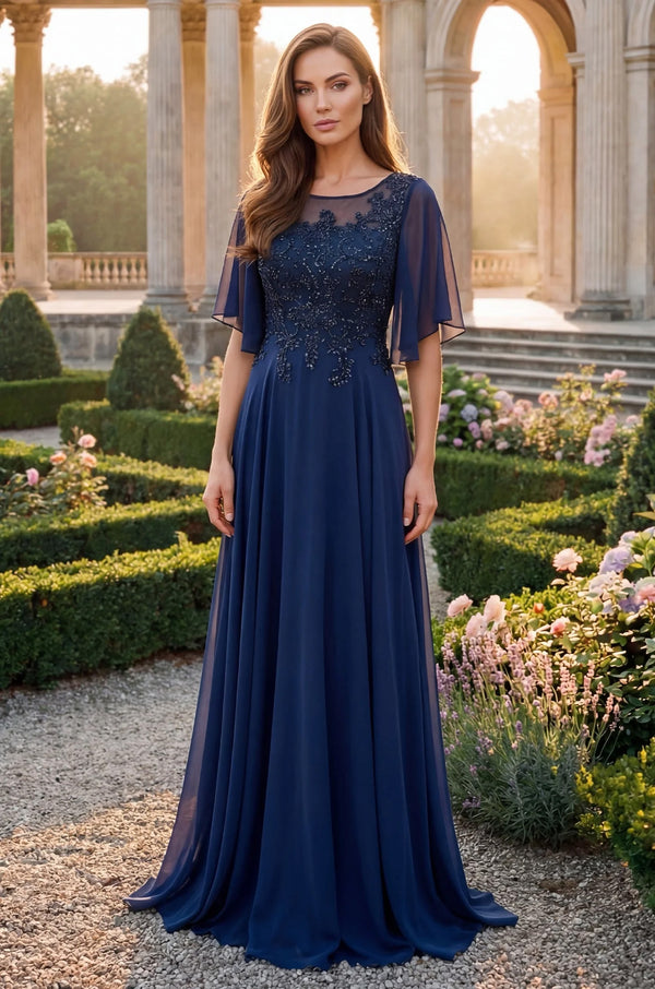 Illusion Neckline Chiffon Gown – Beaded Lace Mother of Bride Dress