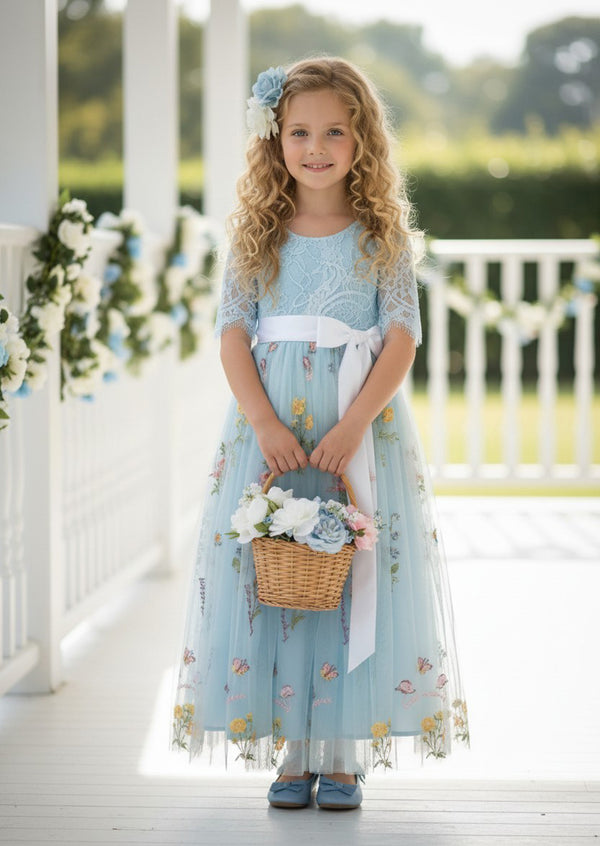 Light Blue Floral Flower Girl Dress - Flower Girl Dresses