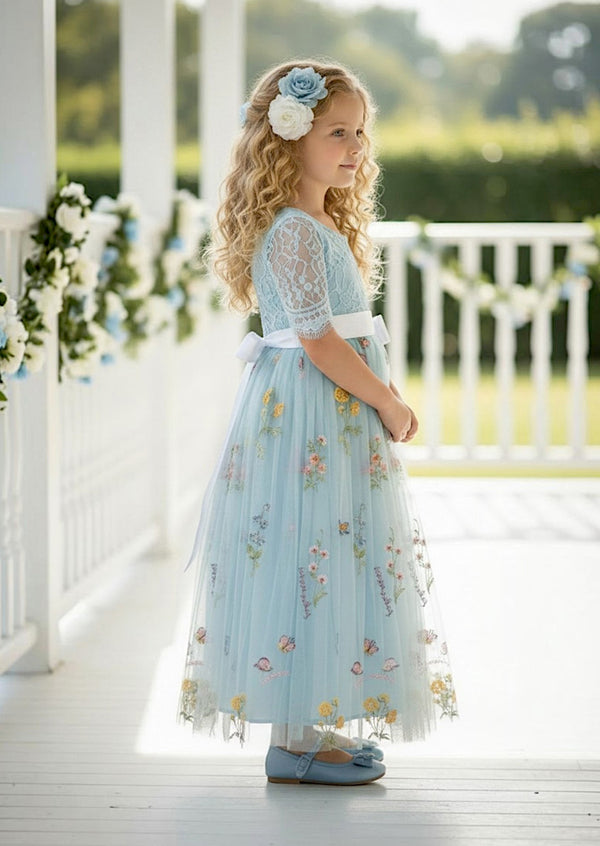 Light Blue Floral Flower Girl Dress - Flower Girl Dresses