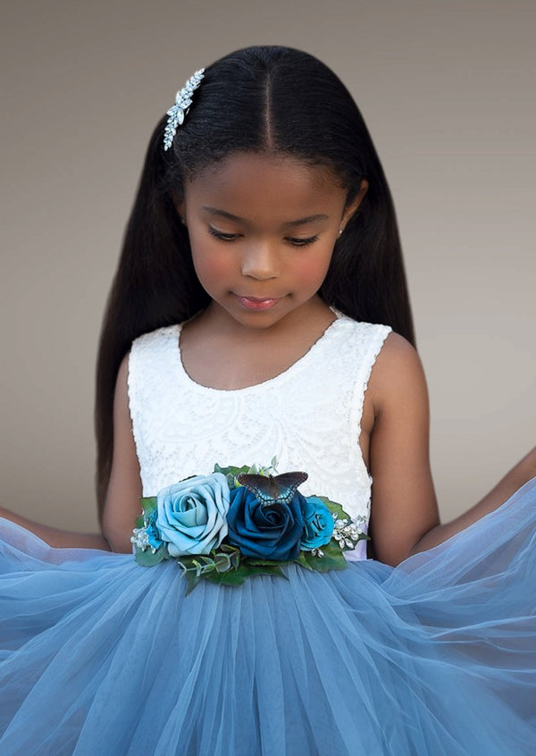 hand made flower sash belt dusty blue and navy