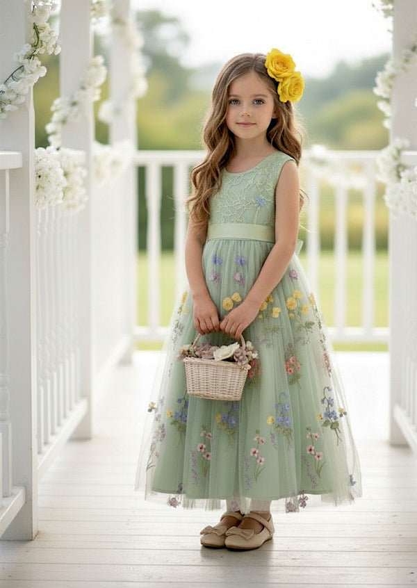 sleeveless sage floral flower girl dresses