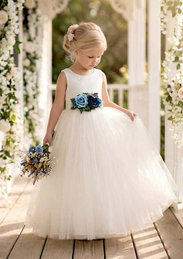 white flower girl dress with dusty blue rose sash belt