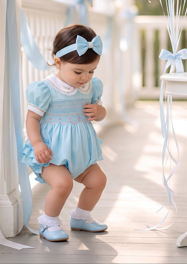 Juliette Hand-Smocked Cotton Heirloom Romper in Sky Blue | Cake Smash Girl