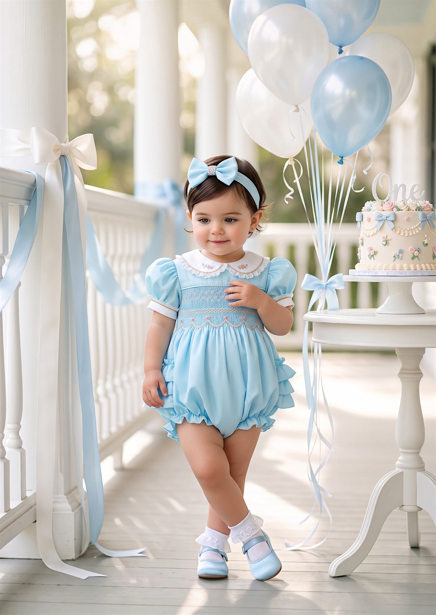 Juliette Hand-Smocked Cotton Heirloom Romper in Sky Blue | Cake Smash Girl