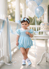 Juliette Hand-Smocked Cotton Heirloom Romper in Sky Blue | Cake Smash Girl