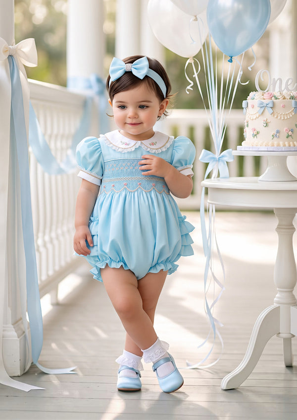 Juliette Hand-Smocked Cotton Heirloom Romper in Sky Blue | Cake Smash Girl