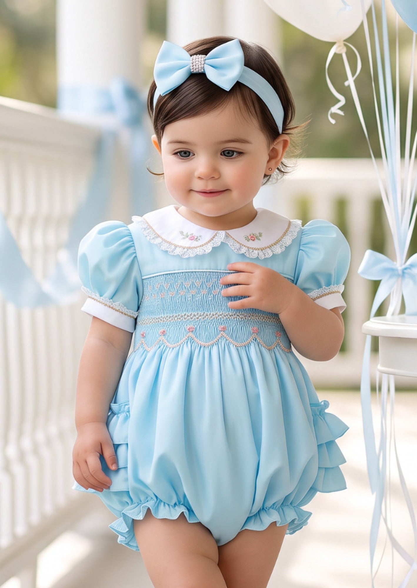 Juliette Hand-Smocked Cotton Heirloom Romper in Sky Blue | Cake Smash Girl