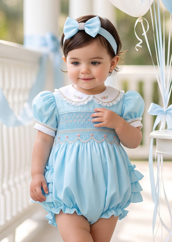 Juliette Hand-Smocked Cotton Heirloom Romper in Sky Blue | Cake Smash Girl