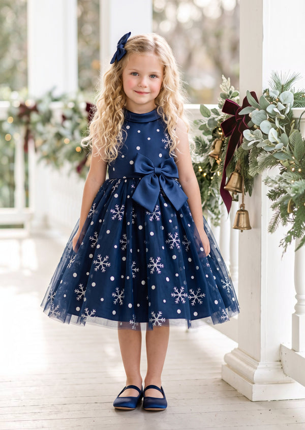 Snowflake Princess Girls Dress in Navy | Girls Christmas Dress