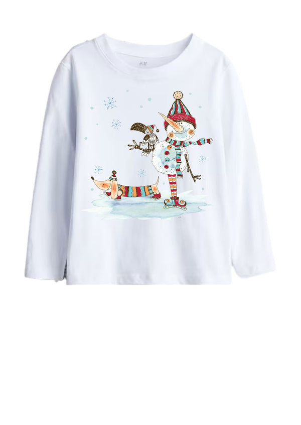 Girls Snow Man and Dog Christmas Tee