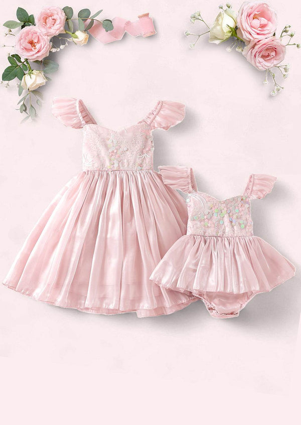 Ruffle Sleeve Pink First Birthday Sequin Romper | Tutu Skirt Baby Outfit