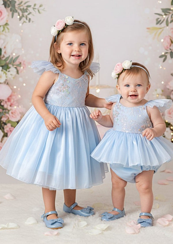 Starlight Sparkle Party Dress - Romper Sibling Set   Blue
