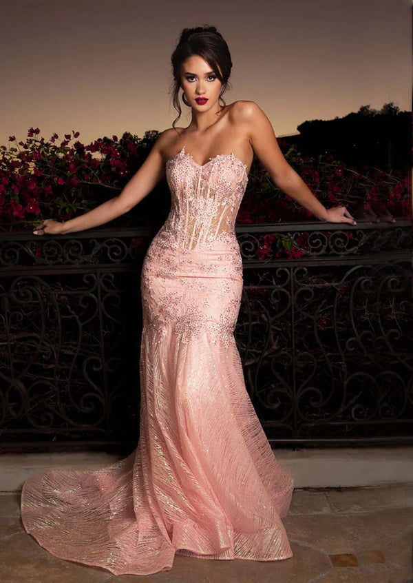 Strapless Trumpet Gown | Lace & Sequin Evening Dress pink
