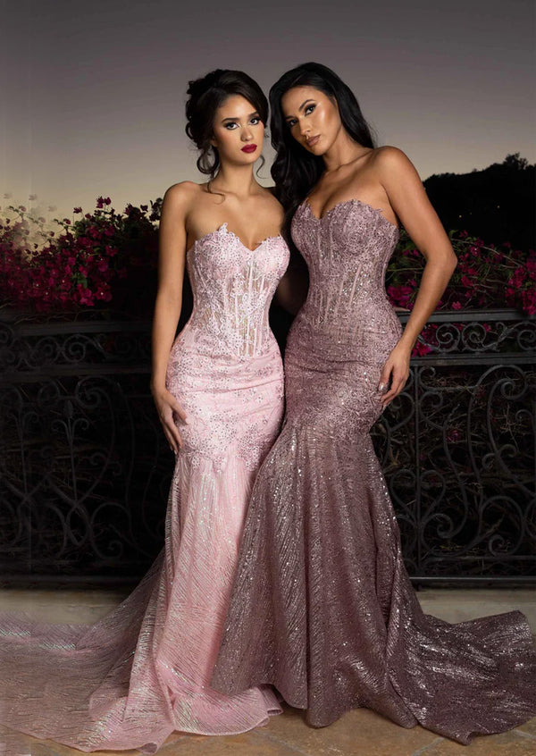 Strapless Trumpet Gown | Lace & Sequin Evening Dress pink mauve