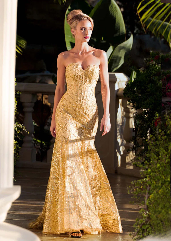 Gold Strapless Trumpet Gown | Elegant Lace Evening Dress