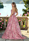 Rose Floral Brocade Strapless A‑Line Floral Evening Gown