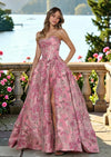 Rose Floral Brocade Strapless A‑Line Floral Evening Gown