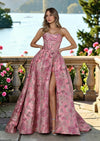 Rose Floral Brocade Strapless A‑Line Floral Evening Gown