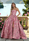 Rose Floral Brocade Strapless A‑Line Floral Evening Gown