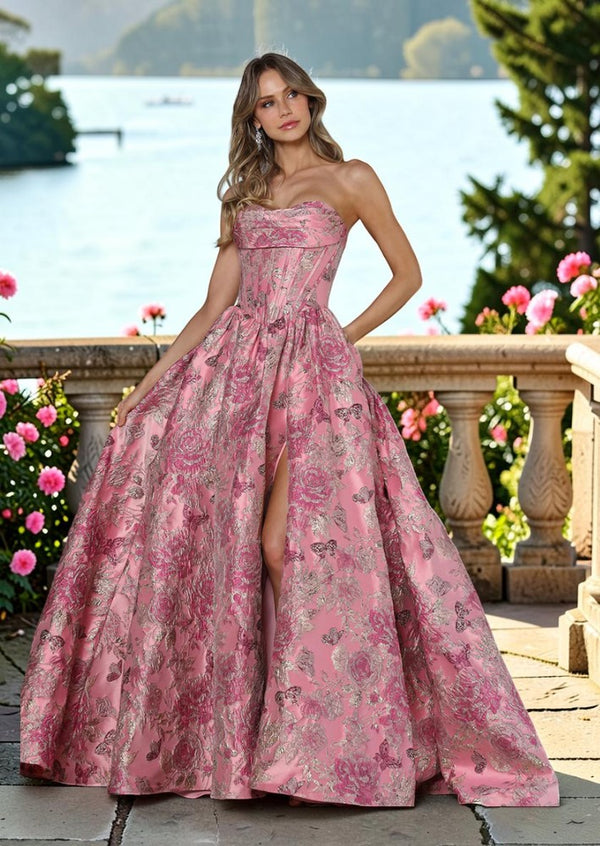 Rose Floral Brocade Strapless A‑Line Floral Evening Gown