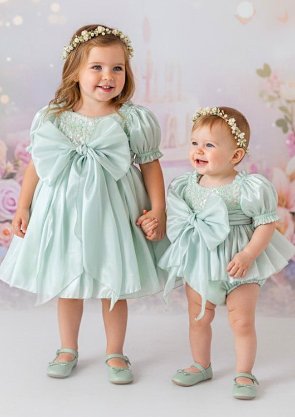 Sugar Plum Baby Birthday Sibling Set Dress Romper Sage
