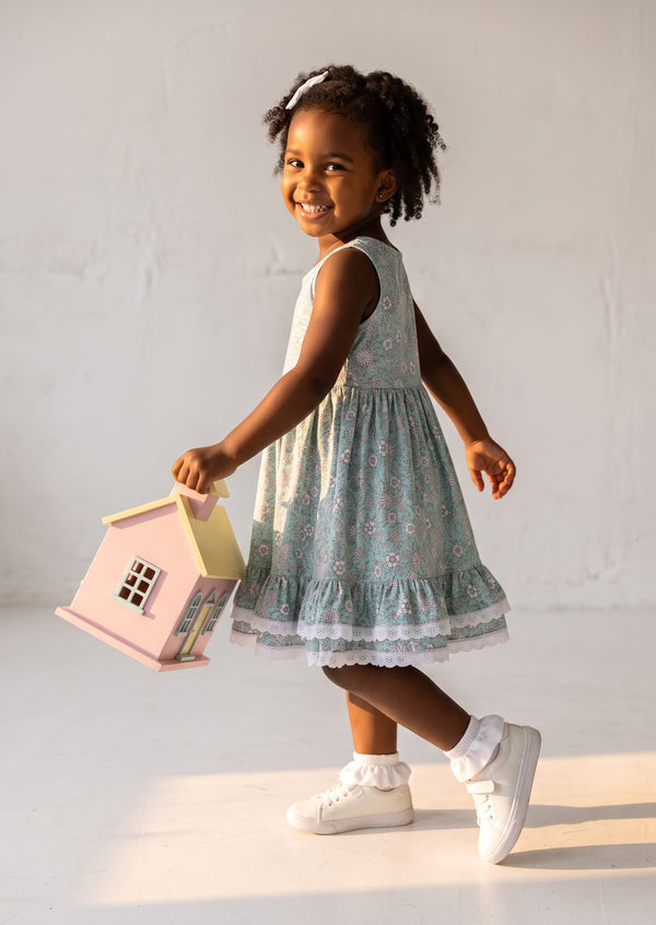 Girls Green Mini Print Twirl Dress
