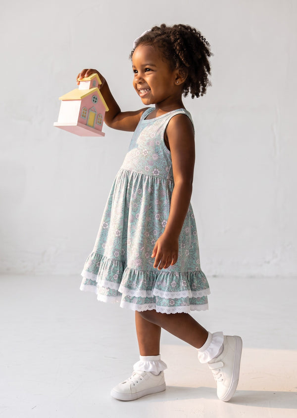 Girls Green Mini Print Twirl Dress