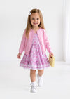 Girls Pink Mini Print Twirl Dress with pink cardigan sweater - Twirl Dresses