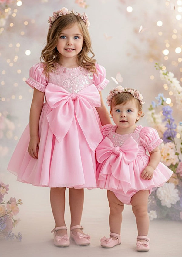 baby and toddler  Girls Pink Birthday Dress  Romper  Sibling Set