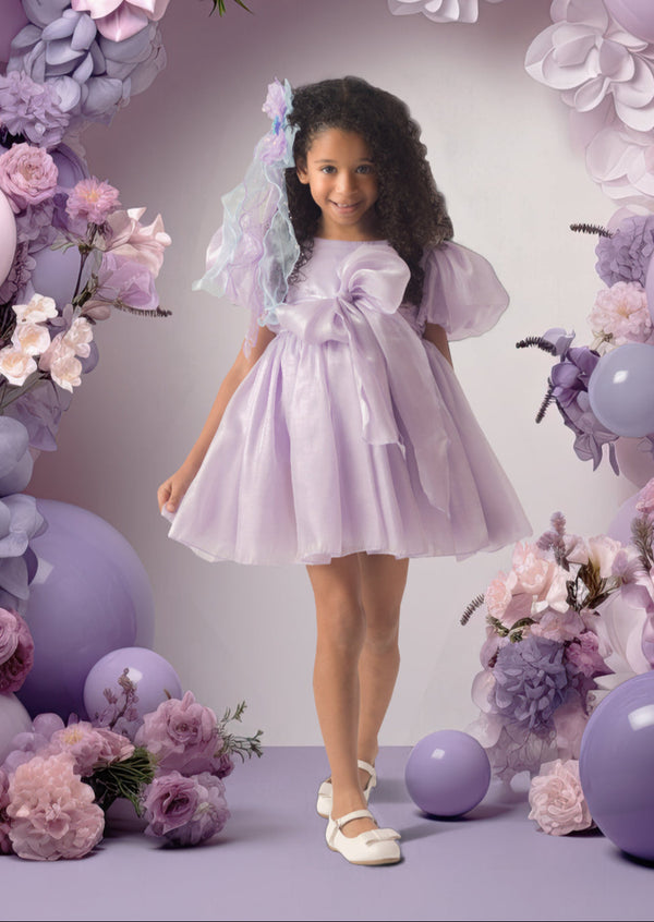 Girls luxury satiny party dress with bow in lavender