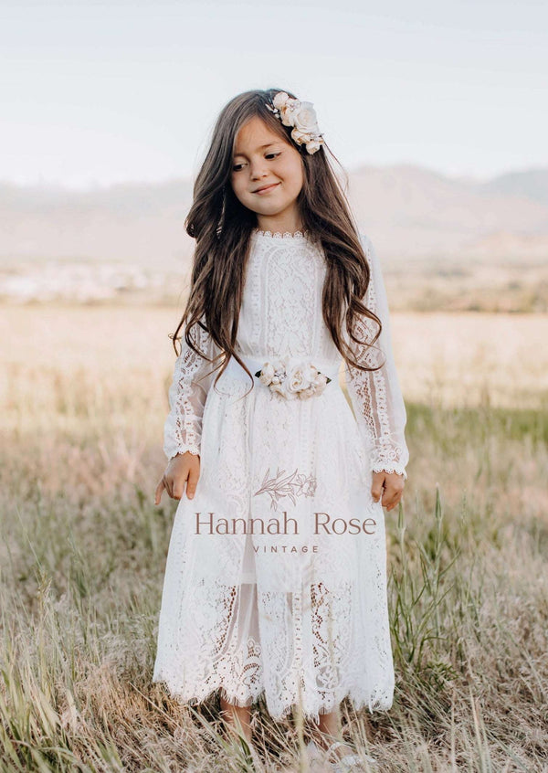 GIRLS - Ivory Rose Flower Sash and Headband - Hannah Rose Vintage Boutique