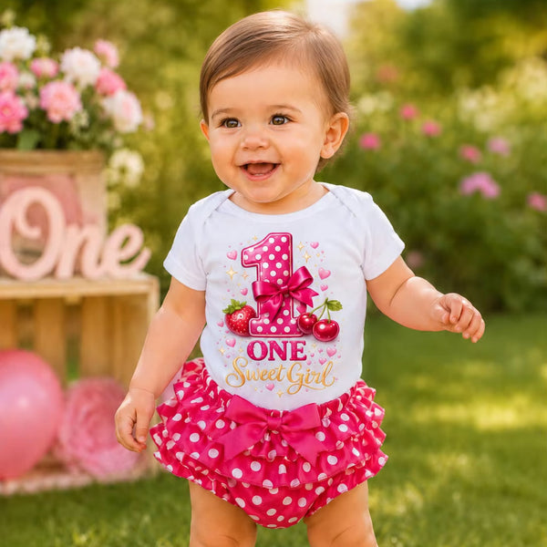 Sweet Girl Pink Polka Dot 1st Birthday Onesie & Bloomer Set