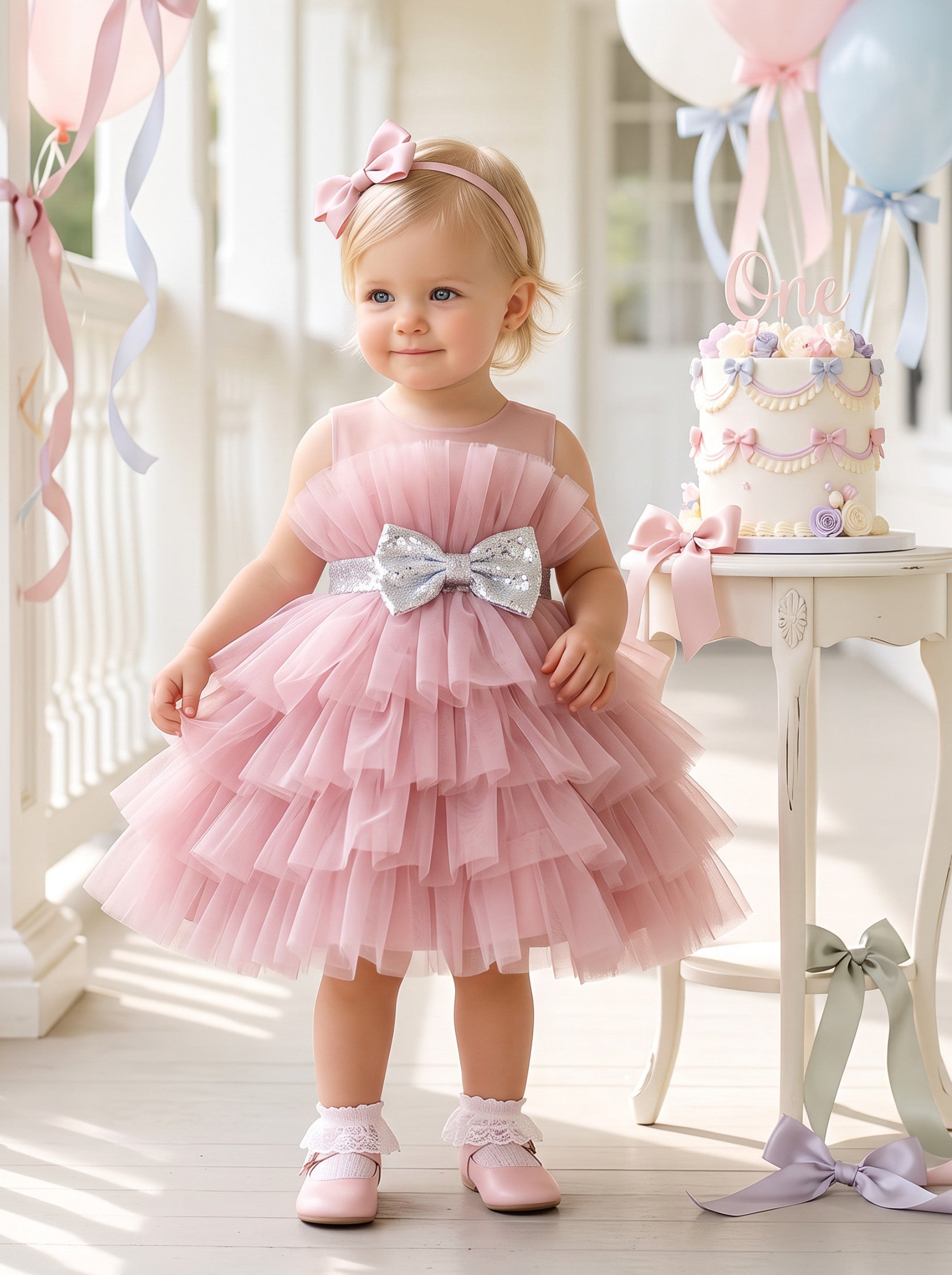 Tulle & Sequin Bow Baby Party Dress in Deep Pink | Cake Smash Girl