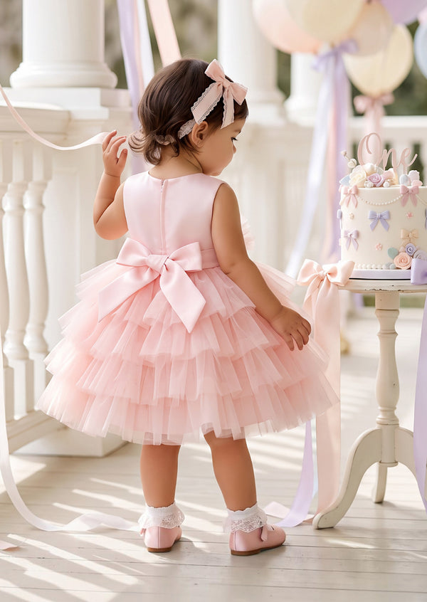 Tulle & Sequin Bow Girls Party Dress in Peach Pink | Cake Smash Girl