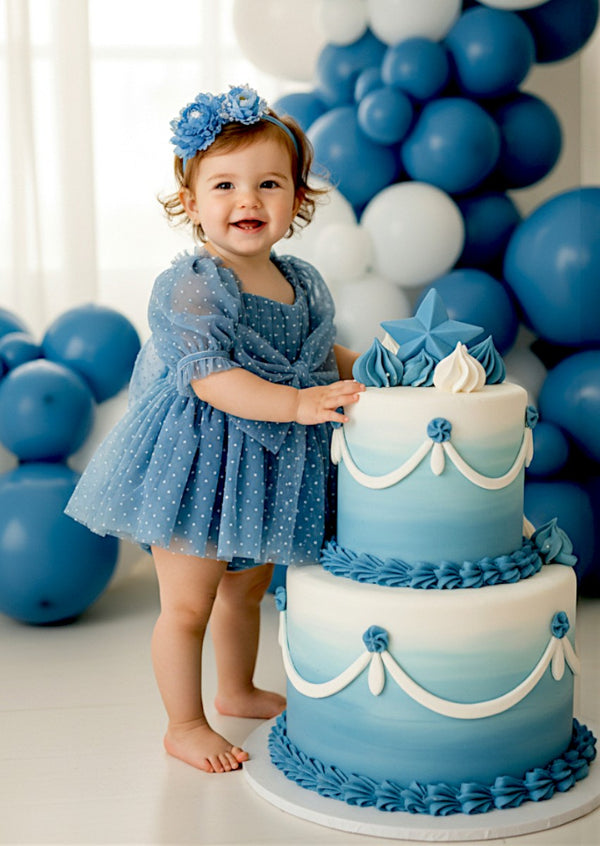 Blue Swiss Dot Baby Romper  First Birthday Outfit
