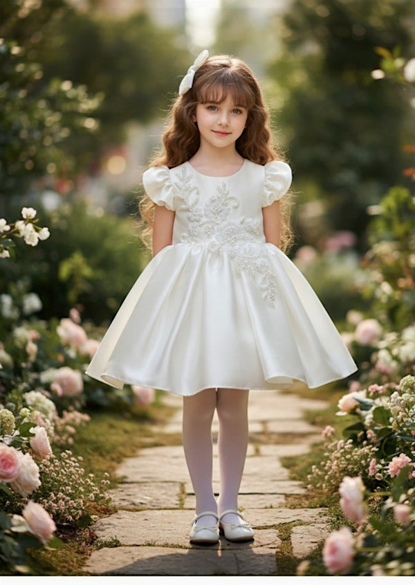 White Satin Beaded Flower Girl Dress