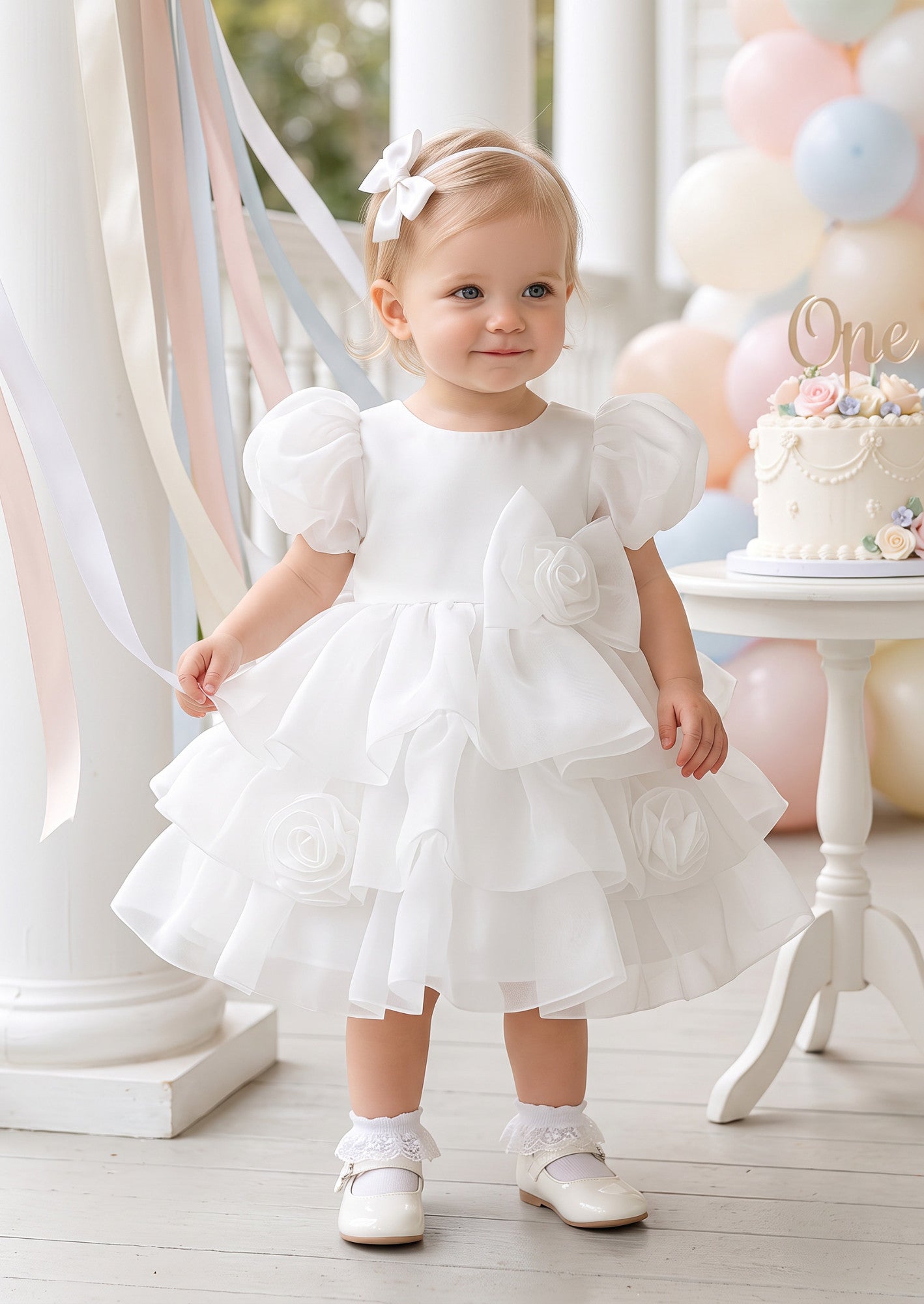 Teacups and Roses Baby Girl Birthday Dress in White
