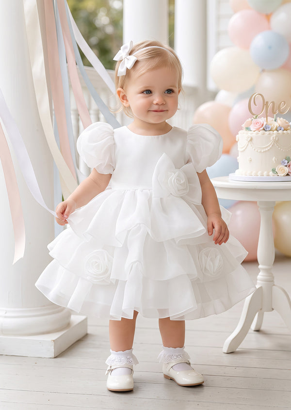 Teacups and Roses Baby Girl Birthday Dress in White