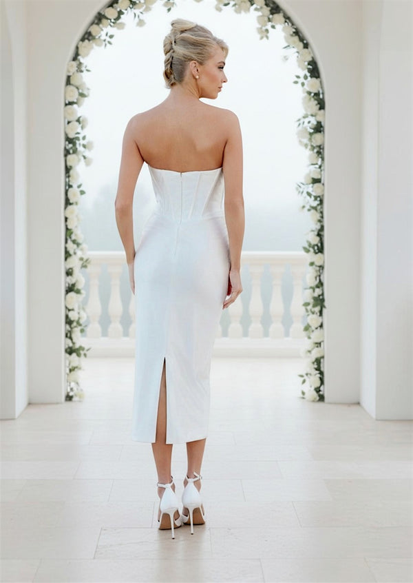 White Tea‑Length Satin Dress with Bow | Boned Bodice