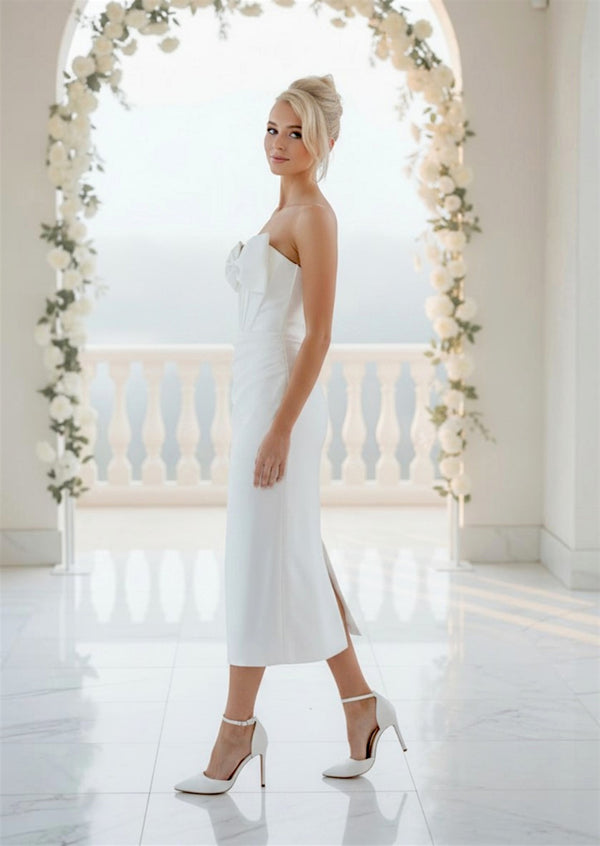 White Tea‑Length Satin Dress with Bow | Boned Bodice