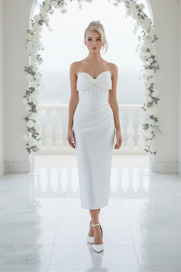 White Tea‑Length Satin Dress with Bow | Boned Bodice