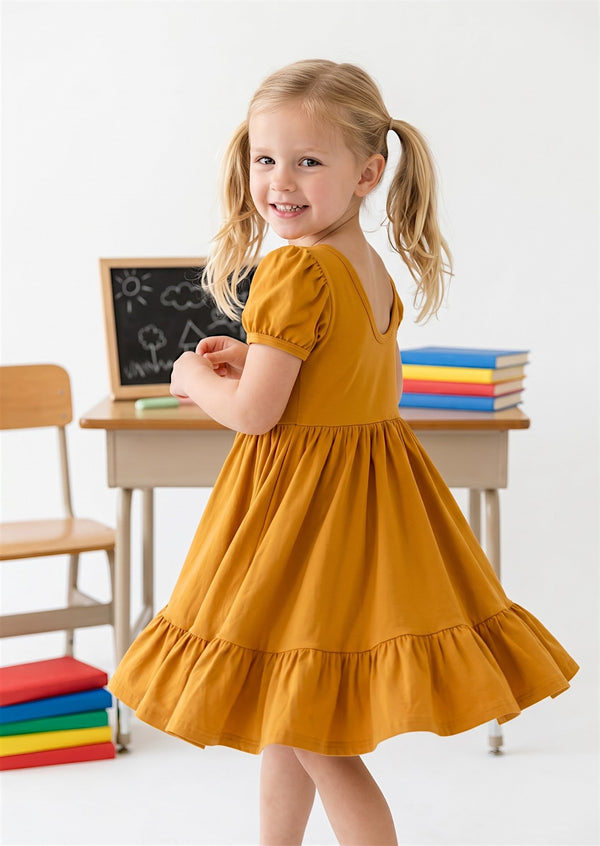 girls Cotton Twirl Dress in Gold