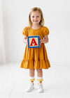 Classic Cotton Puff Sleeve Twirl Dress in Gold